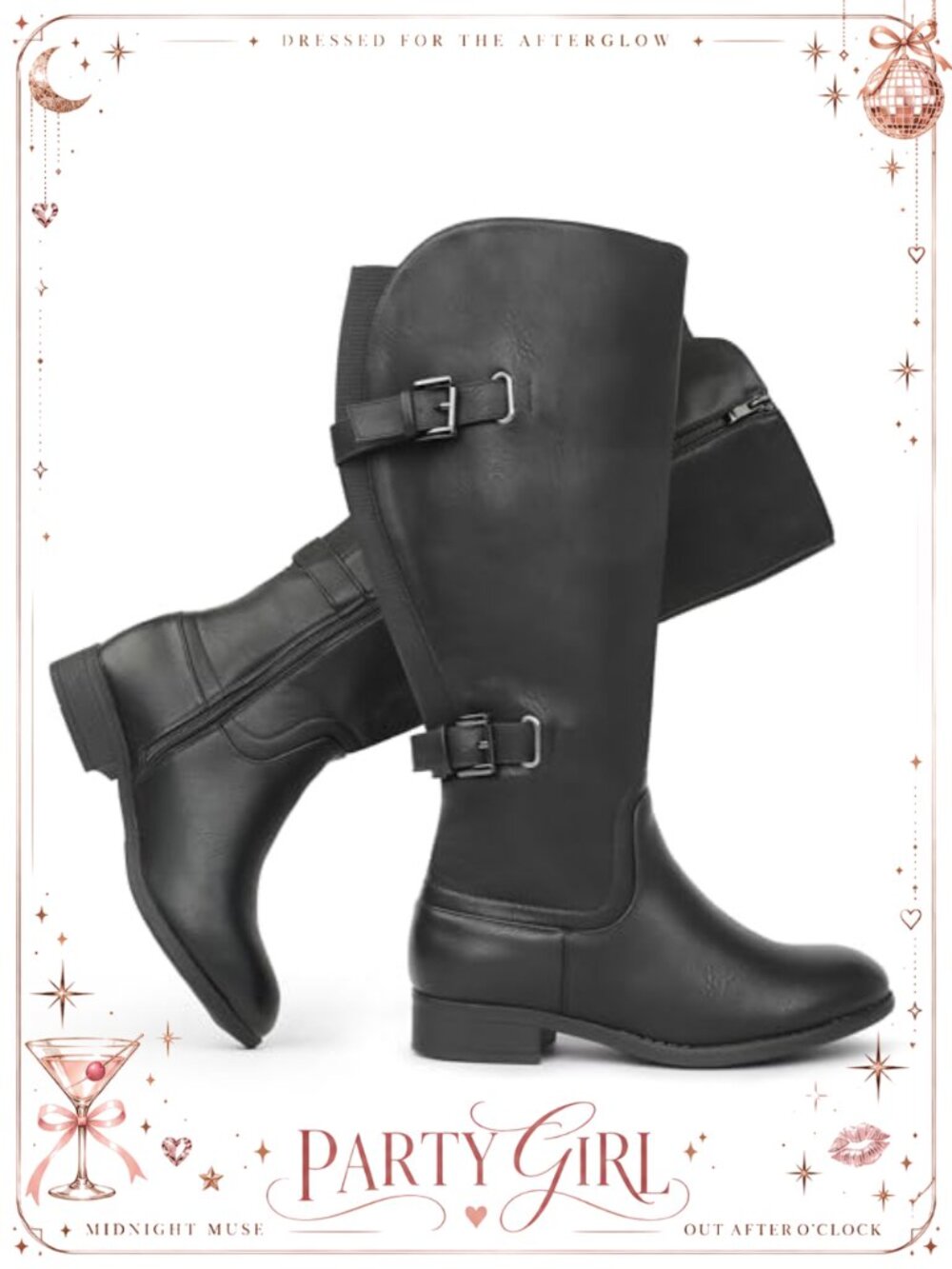 Women's Wide Calf Double Buckle Back Stretch Knee High Boots